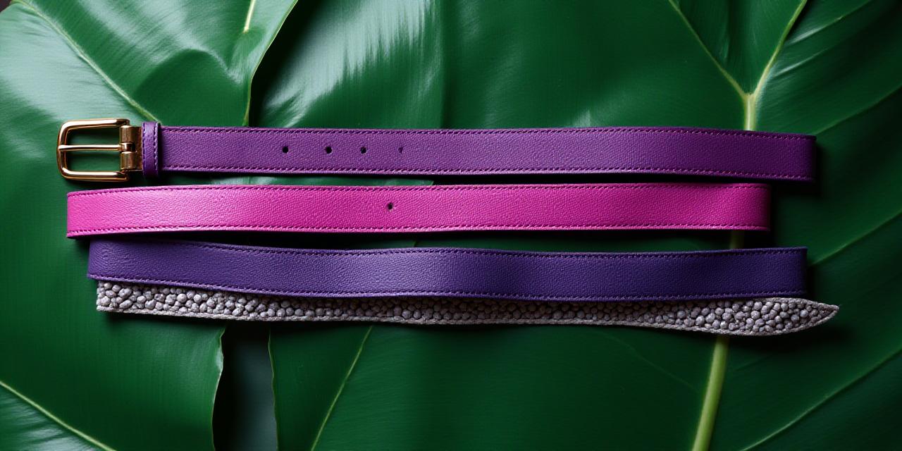 Vibrant green and deep purple ethically crafted belts displayed among tropical leaves